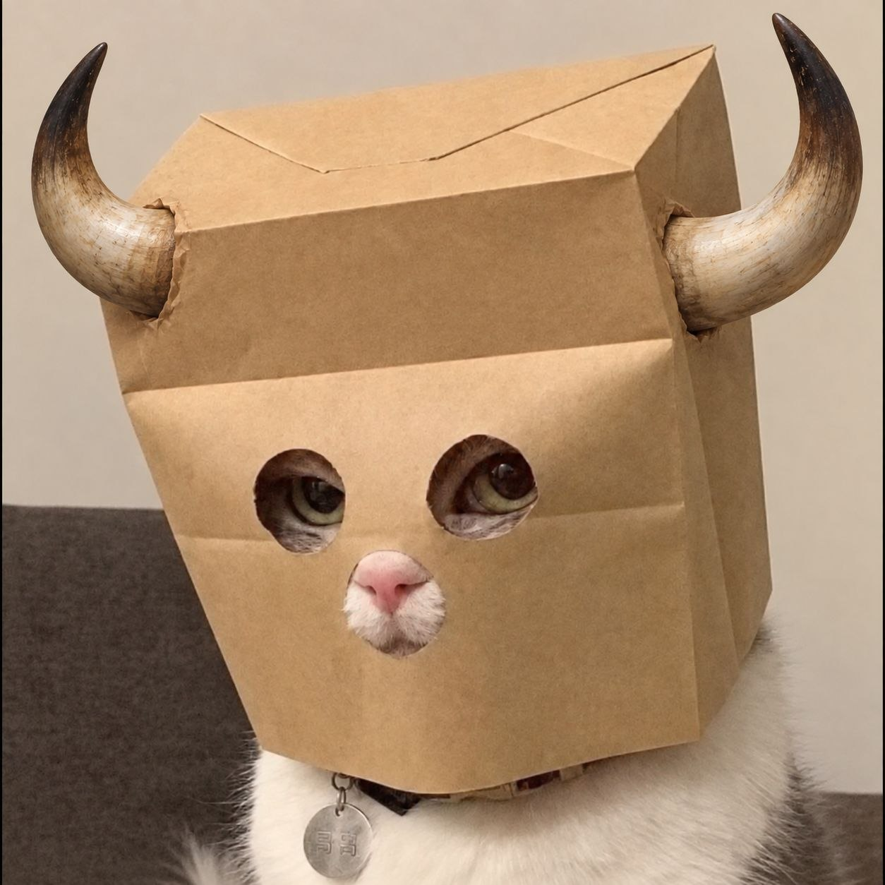 $ZBULL — a cat wearing a paper bag with bull horns